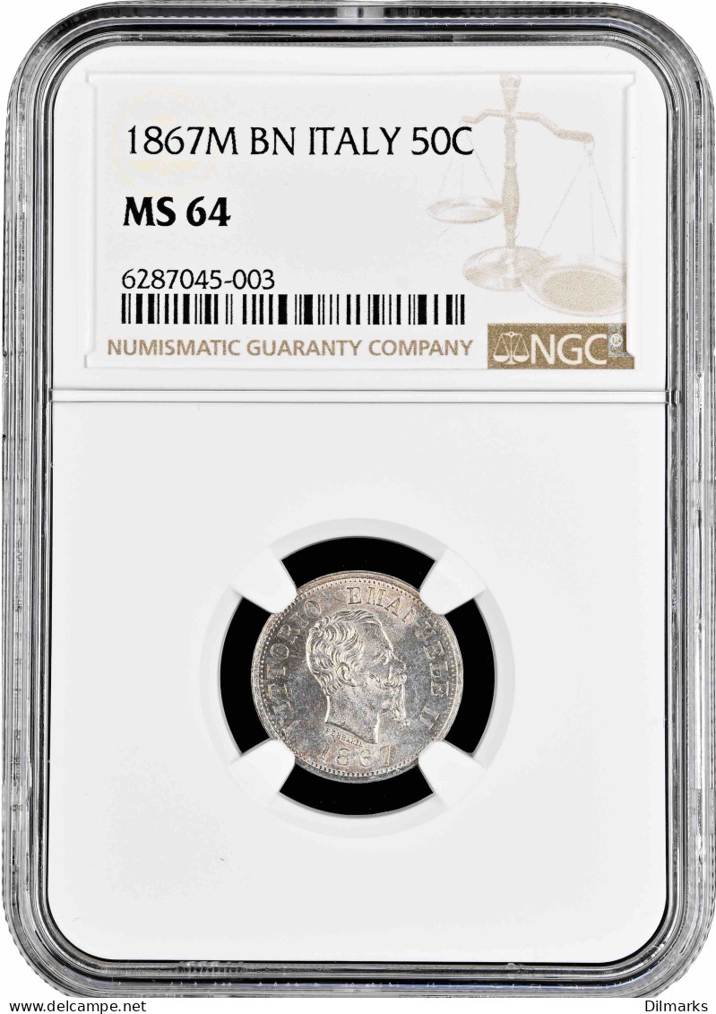 Italy 50 Centesimi 1867 M BN, NGC MS64, &quot;Vittorio Emanuele II (1861 - 1878)&quot; - Israel