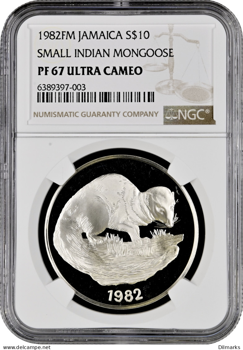 Jamaica 10 Dollars 1982, NGC PF67 UC, &quot;Small Indian Mongoose&quot; - Jamaica