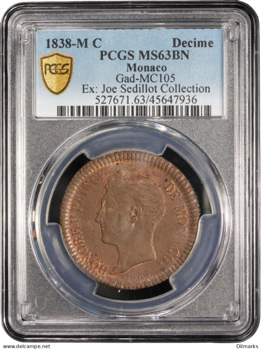 Monaco 10 Centimes 1838 M, PCGS MS63 BN, &quot;Prince Honore V  (1819 - 1841)&quot; - Other & Unclassified