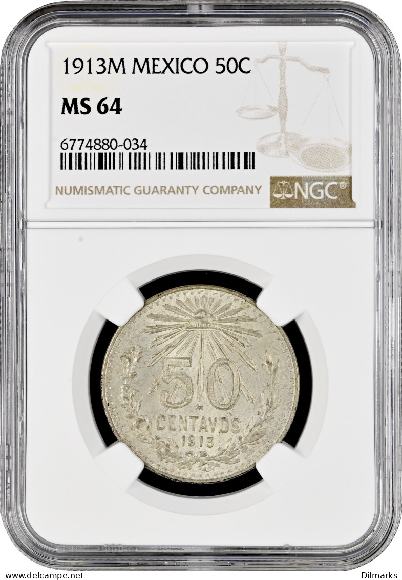 Mexico 50 Centavos 1913 Mo, NGC MS64, &quot;United Mexican States (1905 - 1969)&quot; - Mexico