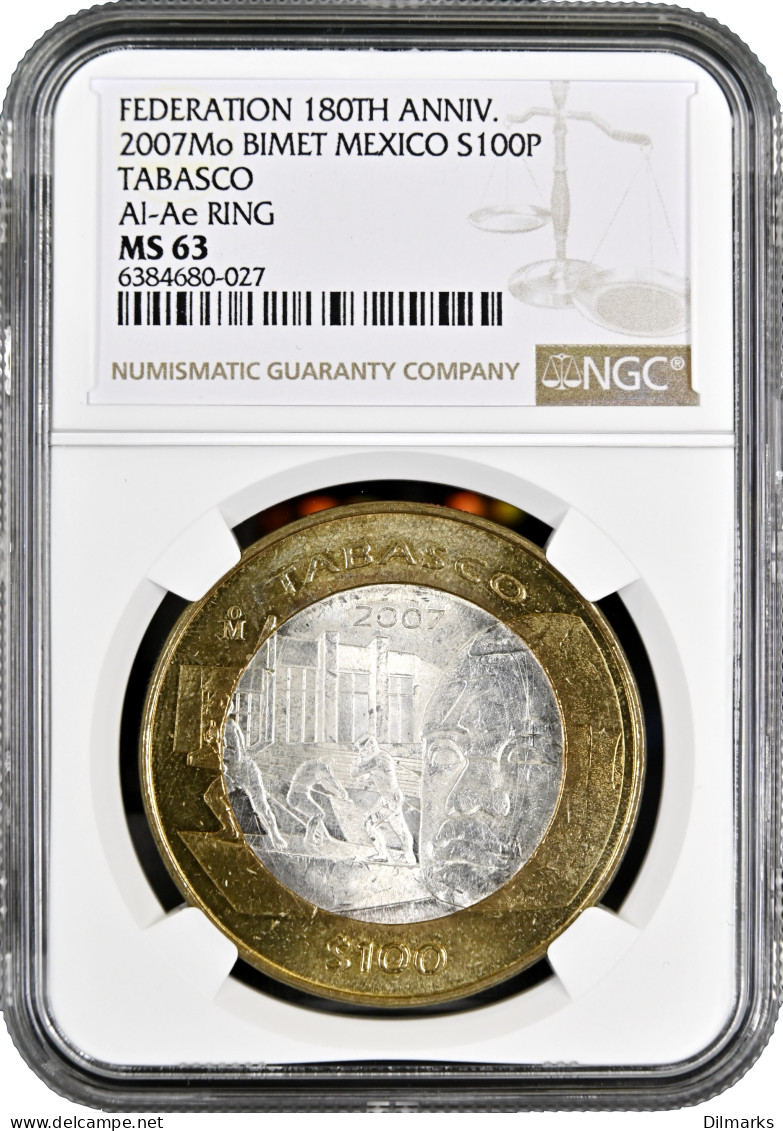 Mexico 100 Pesos 2007, NGC MS63, &quot;Federation 180th Anniv. - Tabasco&quot; - Sonstige – Afrika