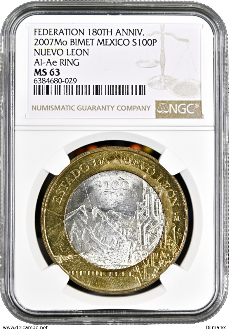 Mexico 100 Pesos 2007, NGC MS63, &quot;Federation 180th Anniv. - Nuevo Leon&quot; - Altri – Africa