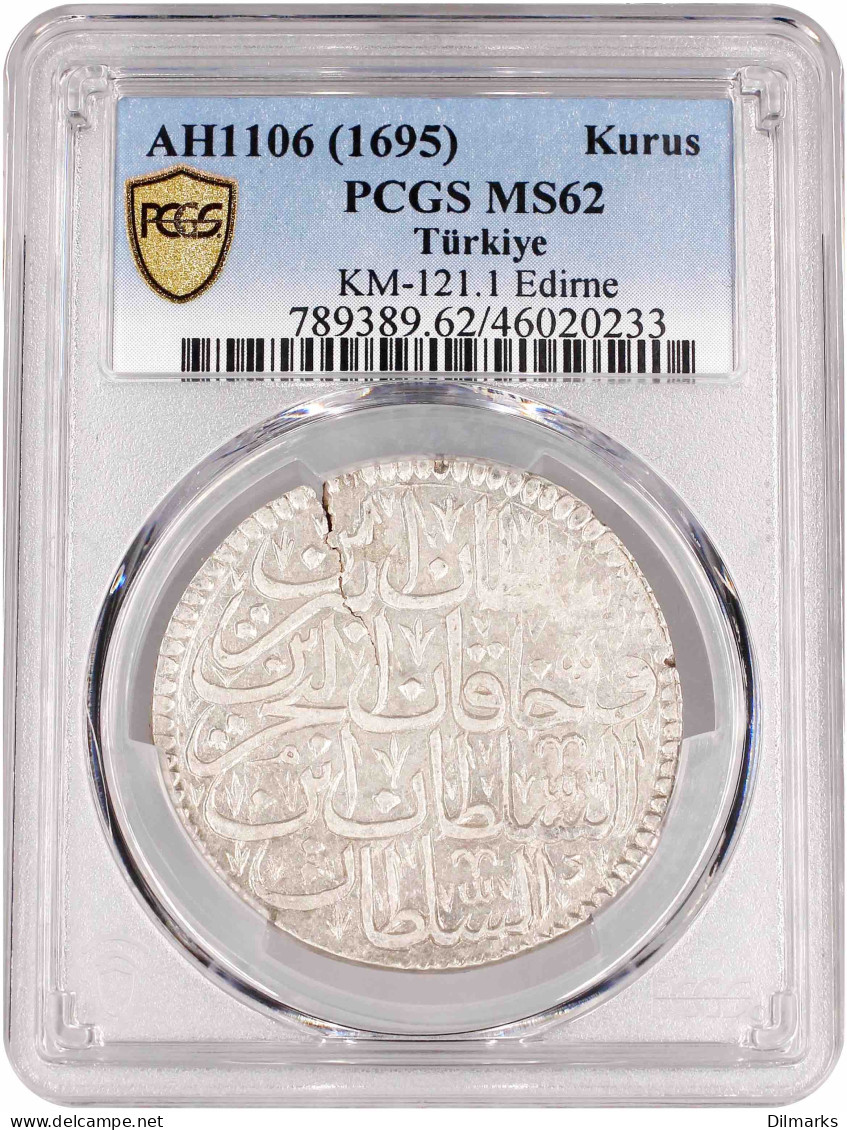 Ottoman Empire 1 Kurus AH 1106 (1695), PCGS MS62, &quot;Mustafa II (1695 - 1703)&quot; - Turkey