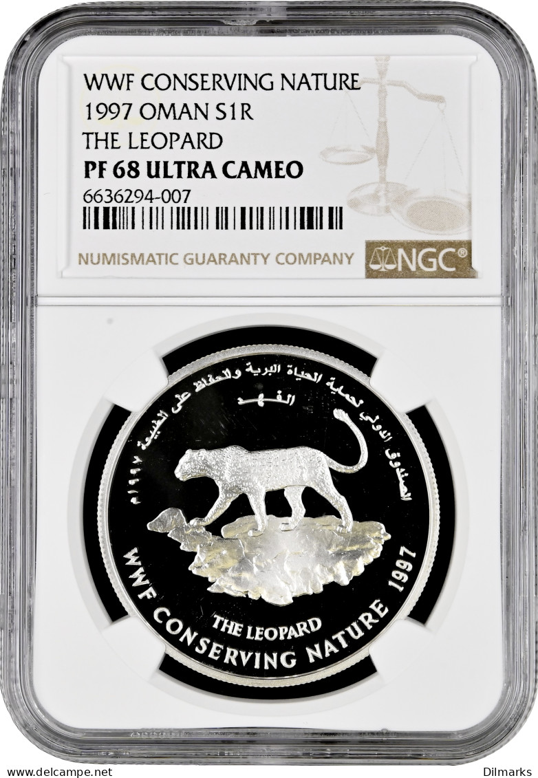 Oman 1 Rial 1997, NGC PF68 UC, &quot;WWF Conserving Nature - The Leopard&quot; - Oman