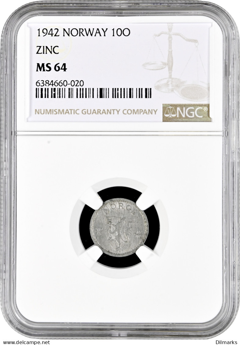 Norway 10 Ore 1942, NGC MS64, &quot;King Haakon VII (1906 - 1957)&quot; - Norvège