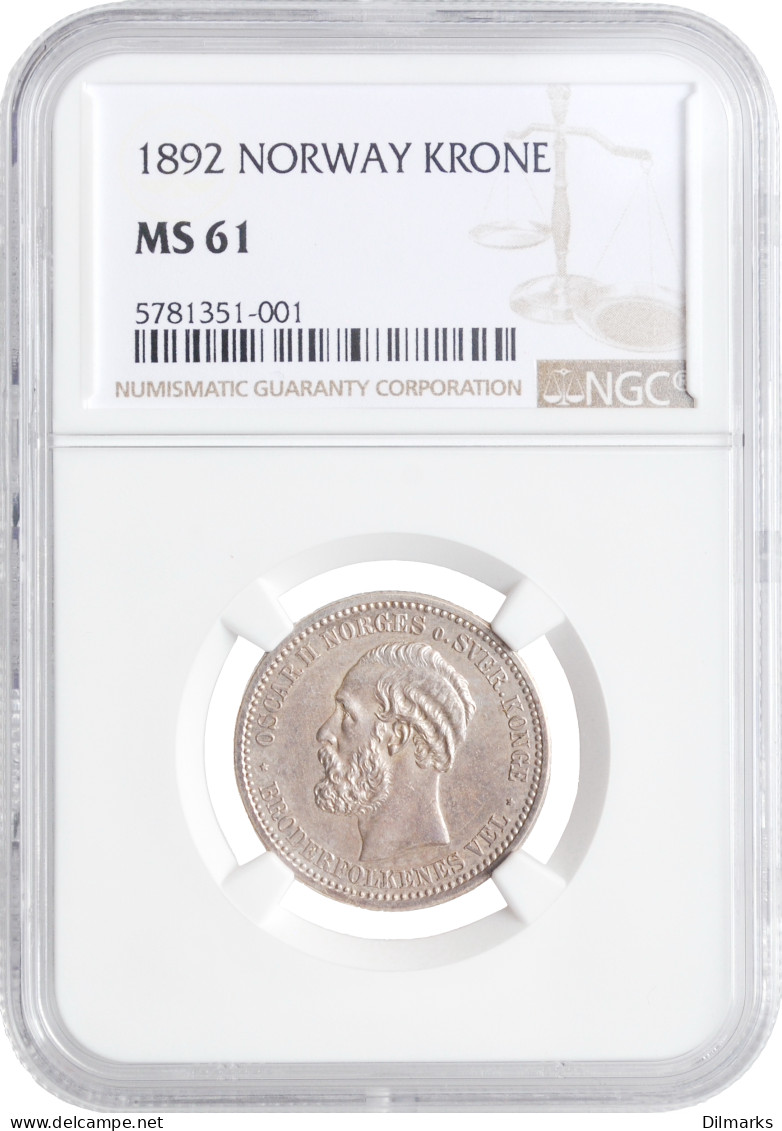 Norway 1 Krone 1892, NGC MS61, &quot;King Oscar II (1874 - 1906)&quot; - Other - Africa