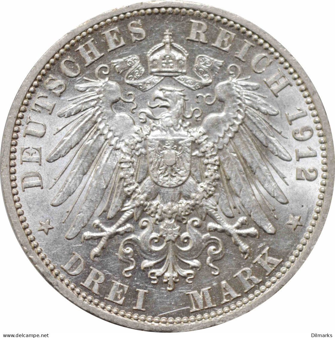 Prussia 3 Mark 1912, UNC, &quot;Emperor Wilhelm II (1888 - 1918)&quot; - 2, 3 & 5 Mark Argent