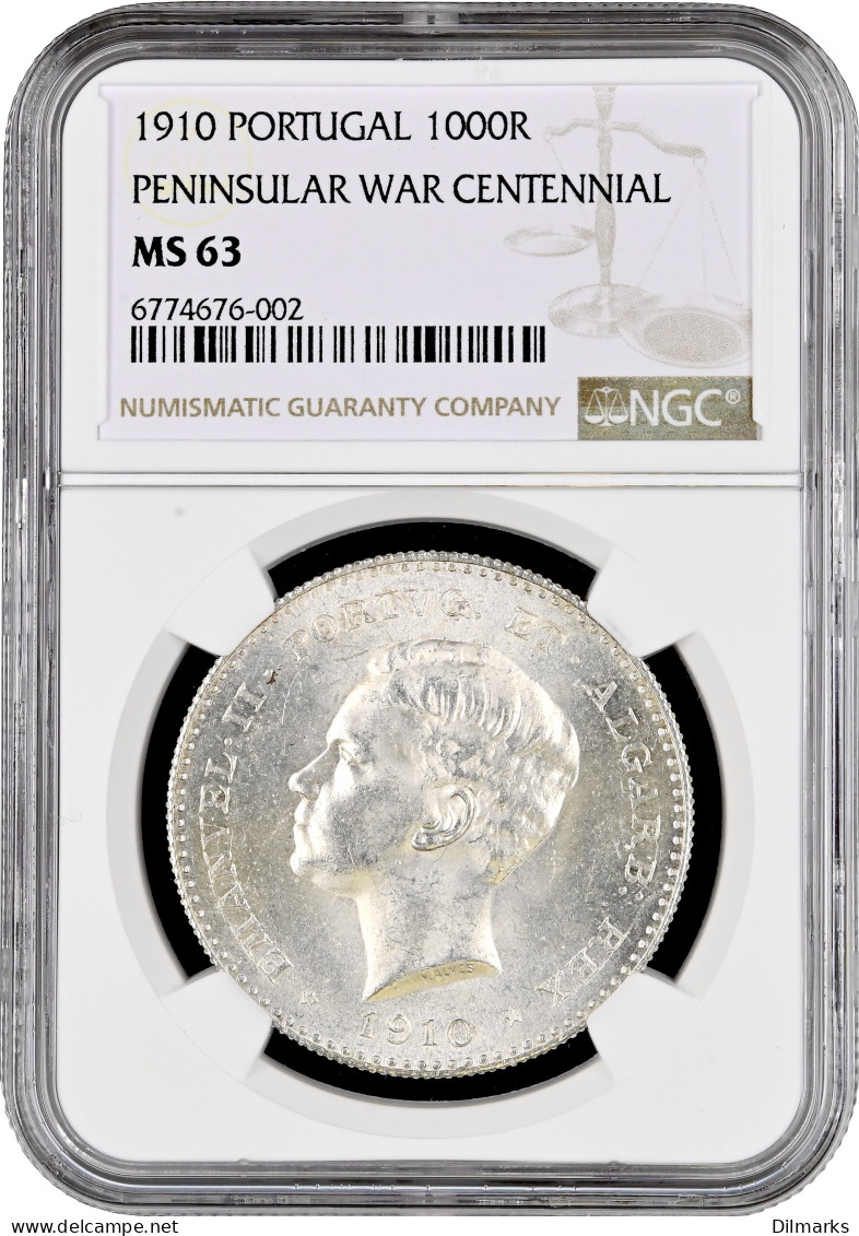 Portugal 1000 Reis 1910, NGC MS63, &quot;Peninsular War Centennial&quot; Silver Coin - Portogallo