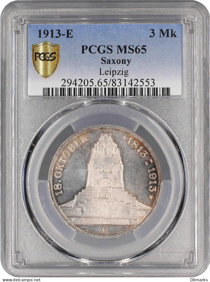 Saxony 3 Mark 1913, PCGS MS65, &quot;100th Anniversary - Battle Of Leipzig&quot; - Altri – Africa