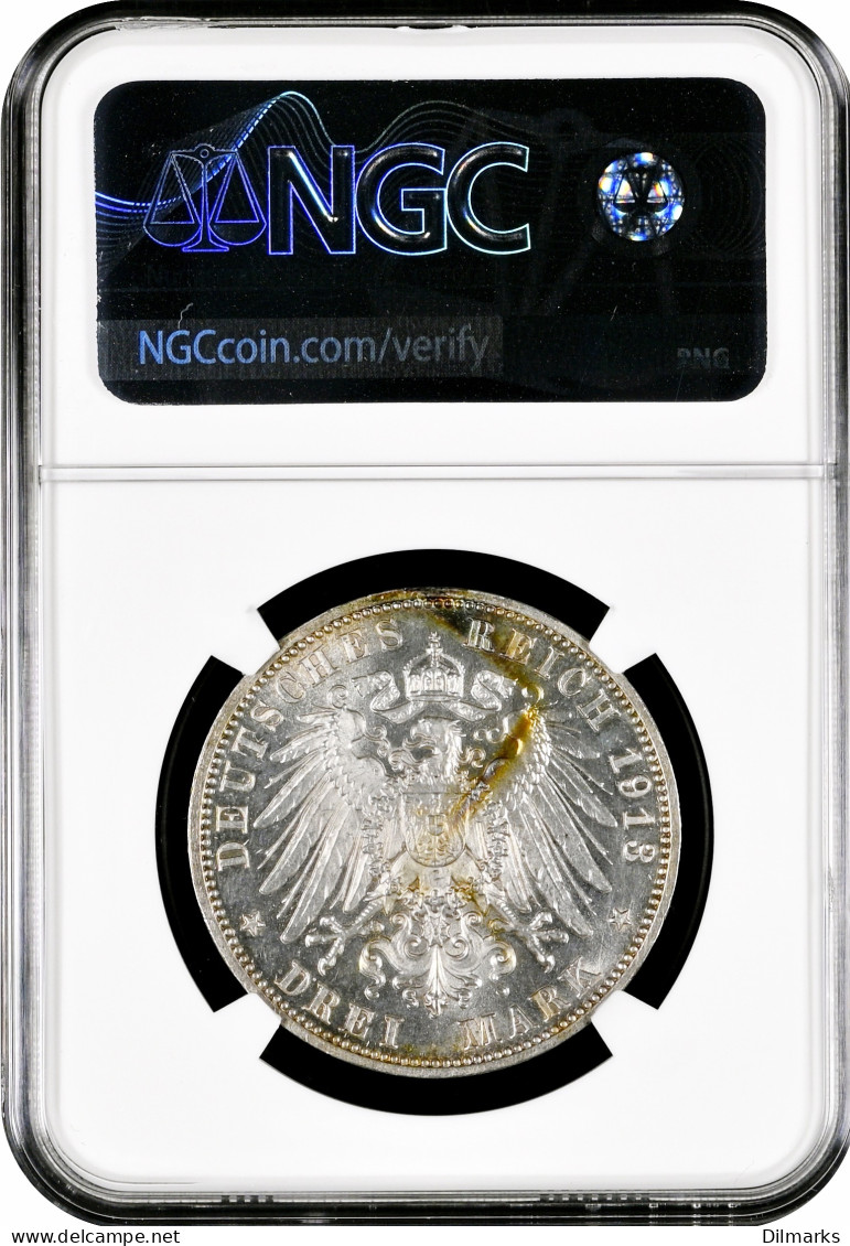 Saxony 3 Mark 1913, NGC MS64, &quot;100th Anniversary - Battle Of Leipzig&quot; - 2, 3 & 5 Mark Argent