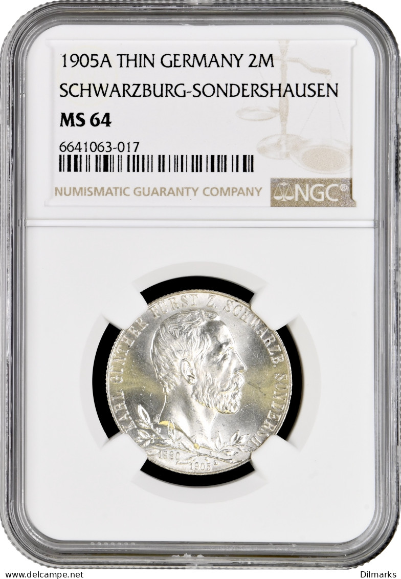 Schwarzburg-Sondershausen 2 Mark 1905 A THIN, NGC MS64, &quot;Charles Gonthier&quot; - 2, 3 & 5 Mark Argent