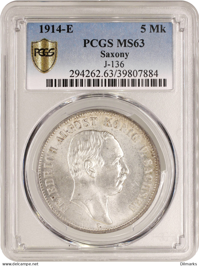 Saxony 5 Mark 1914, PCGS MS63, &quot;King Friedrich August III (1904 - 1918)&quot; - 2, 3 & 5 Mark Silver
