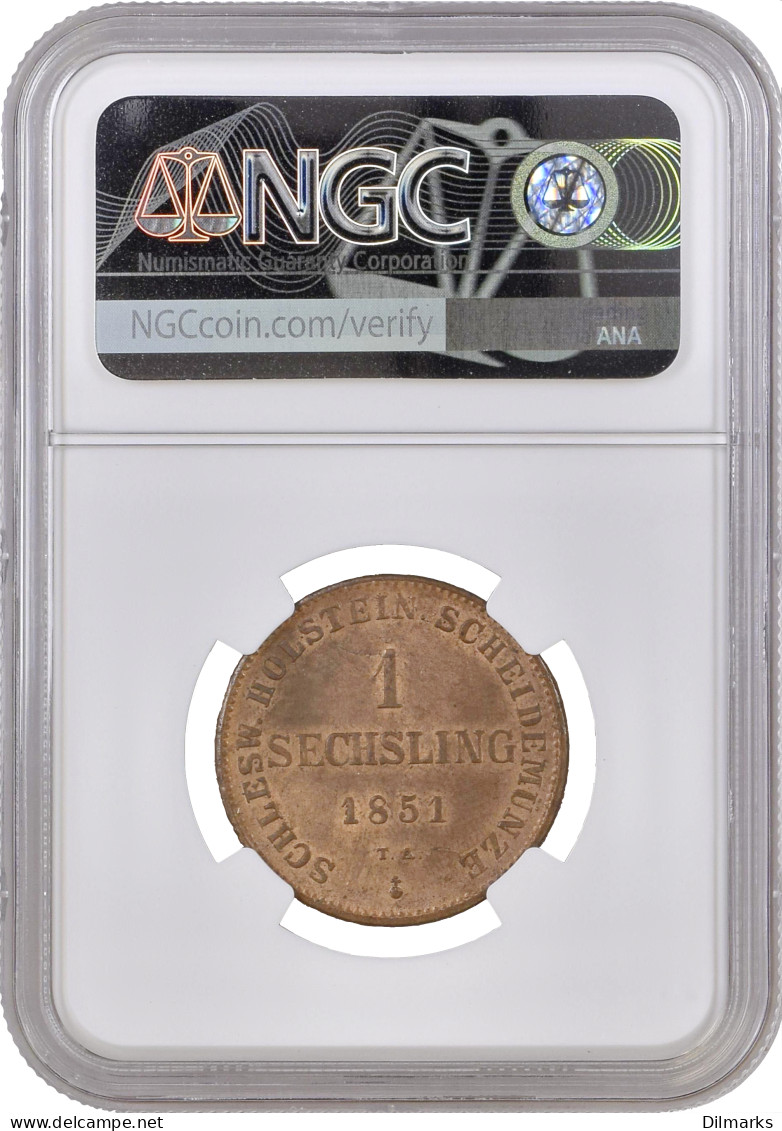 Schleswig-Holstein 1 Sechsling 1851 TA, NGC MS65 RB, &quot;Provisional (1850 - 1851)&quot; Top Pop - Andere - Afrika