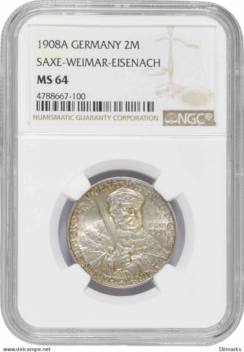 Saxe-Weimar-Eisenach 2 Mark 1908, NGC MS64, &quot;350th Anniv. - University Of Jena&quot; - Other - Africa