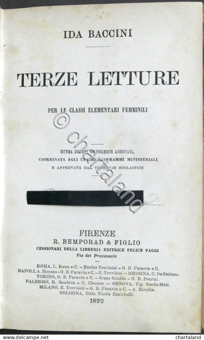 Ida Baccini - Terze Letture Per Le Classi Elementari Femminili - 1892 Bemporad - Andere & Zonder Classificatie