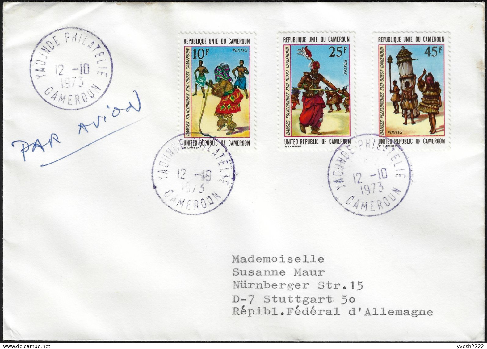 Cameroun 1973 Y&T 549 à 551 Sur Lettre. Danses Folkloriques Du Sud-ouest Camerounais - Baile