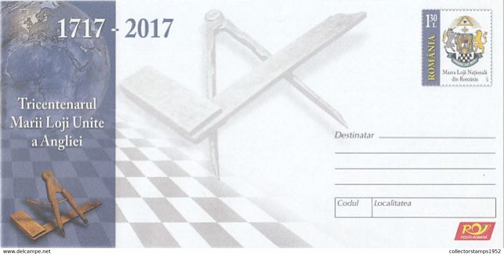 8703FM- UNITED GRAND LODGE OF ENGLAND, FREEMASONRY, ORGANIZATIONS, COVER STATIONERY, 2017, ROMANIA - Franc-Maçonnerie