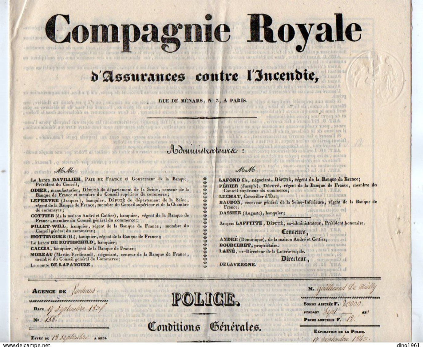 VP23.063 - PARIS X LOUHANS 1836 - Cie Royale D'Assurances ( De ROTHSCHILD ) - M. GUILLEMAUT - MAILLY, Médecin, Député.. - Bank & Versicherung