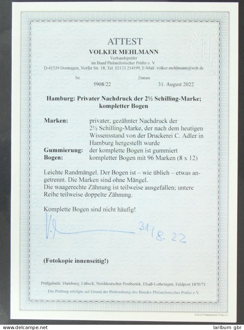 Hamburg Priv. Nachdruck Der 2 1/2 Schilling Postfrisch Kpl Bogen, Attest #KE233 - Hambourg