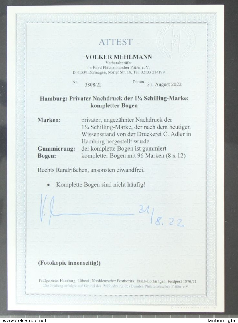 Hamburg Priv. Nachdruck Der 1 1/4 Schilling Postfrisch Kpl Bogen, Attest #KE236 - Hamburg