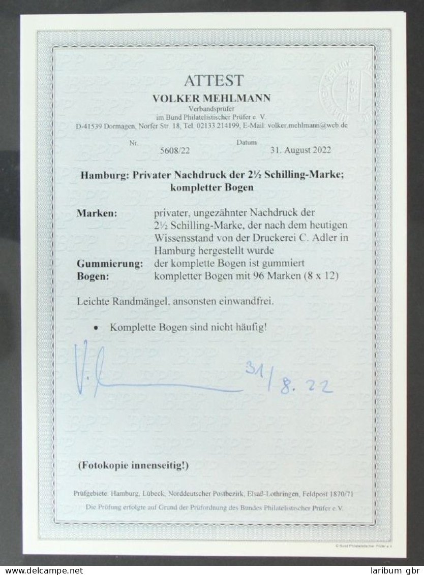 Hamburg Priv. Nachdruck Der 2 1/2 Schilling Postfrisch Kpl Bogen, Attest #KE232 - Hambourg