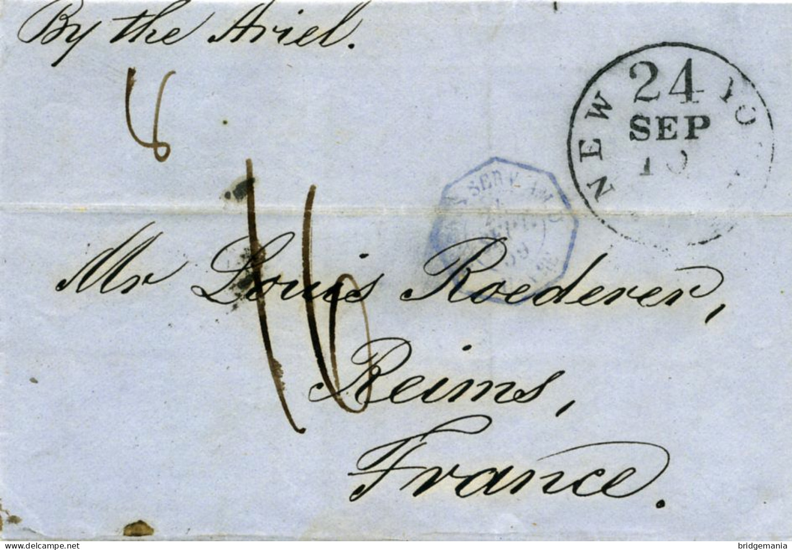 MTM098 - 1859 TRANSATLANTIC LETTER USA TO FRANCE Steamer ARIEL - UNPAID 2 RATE - Storia Postale