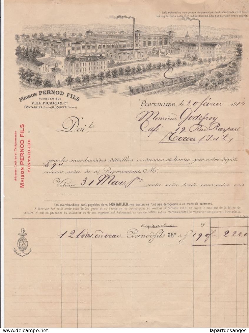Ancienne Facture: Maison Pernod Fils à Pontarlier Pour Café 19 Rue Raspail à Tours -1914 - - Invoices