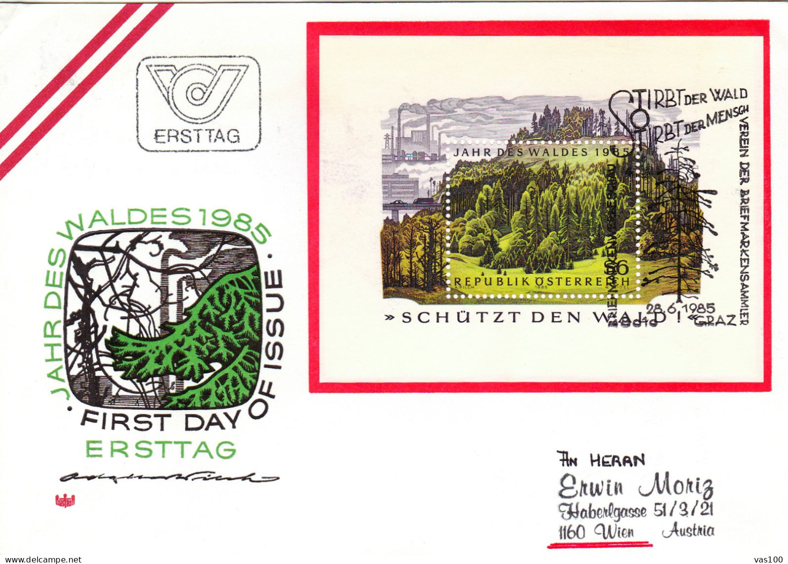 JAHR DES WALDES 1985- FIRST DAY OF ISSUE,ERSTTAG TREES- COVERS FDC AUSTRIA - Trees