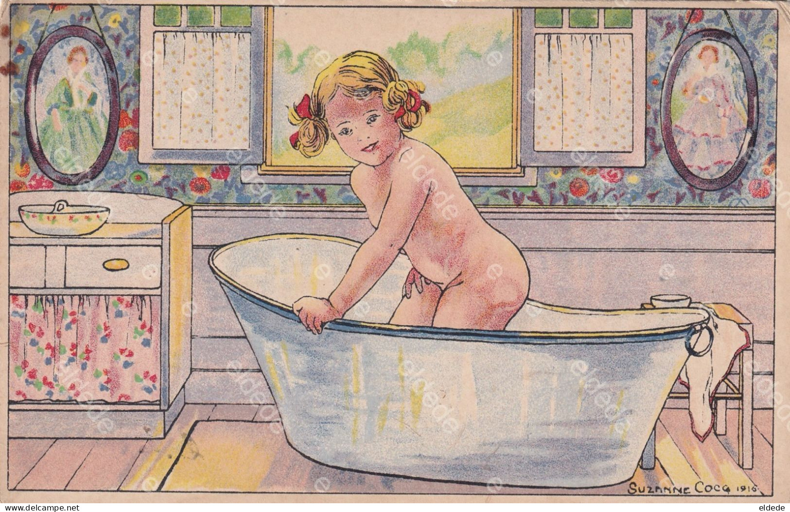 Carte Acquarelle Suzanne Cocq 1916 Née à Ixelles Morte Etterbeck  Petite Fille Baignoire Bathtube Foyer Orphelins - Elsene - Ixelles