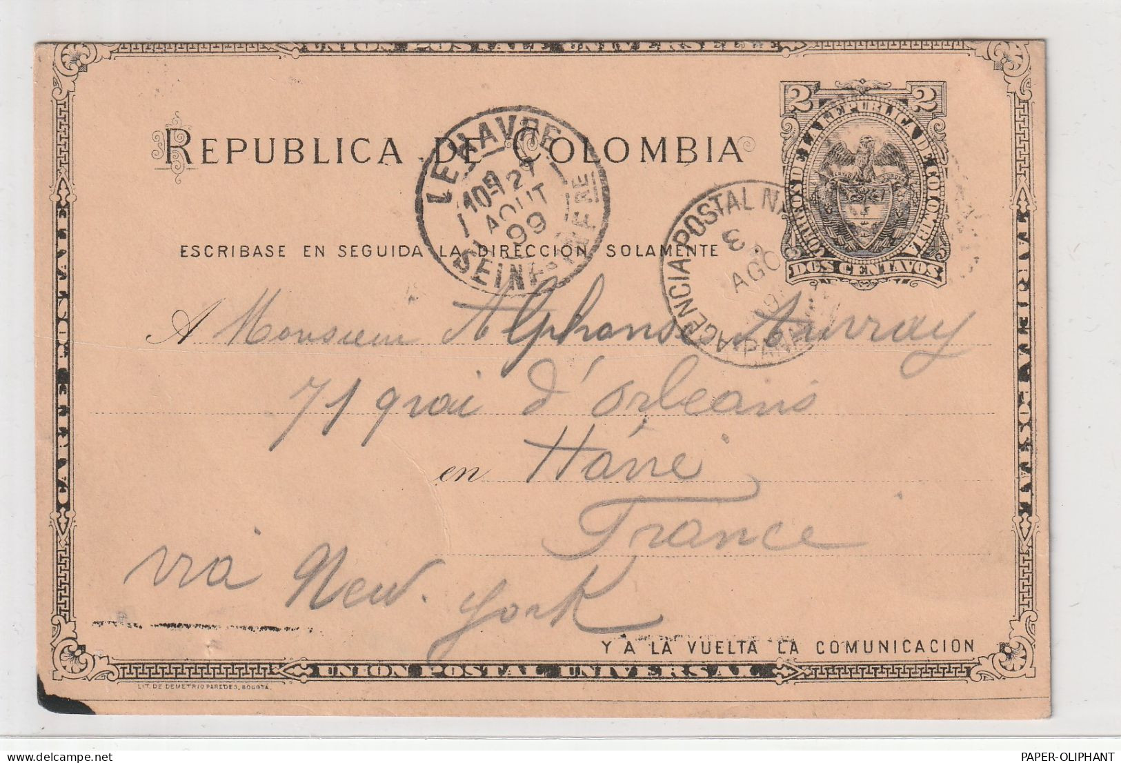 PANAMA / COLUMBIA  - 1899, Postal Stationery, 2ct Black, Agencia Postal Nacional Panama - New York - France - Panama