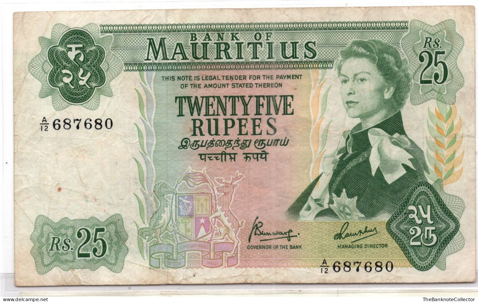 Mauritius 25 Rupees ND 1967 QEII P-32 Fine Condition - Maurice