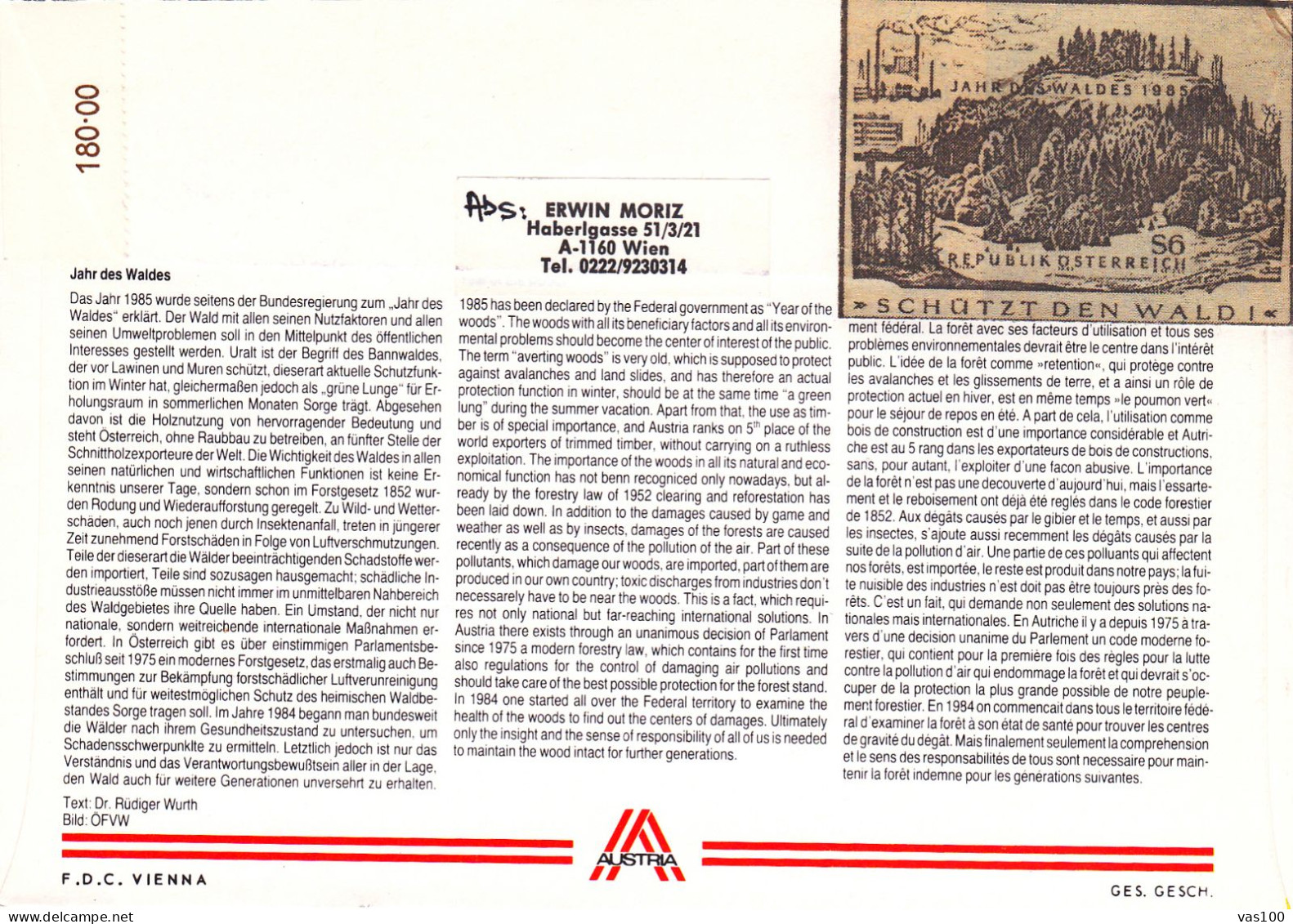 JAHR DES WALDES 1985- SCHUTZT DEN WALD FOREST COVERS FDC AUSTRIA - Trees