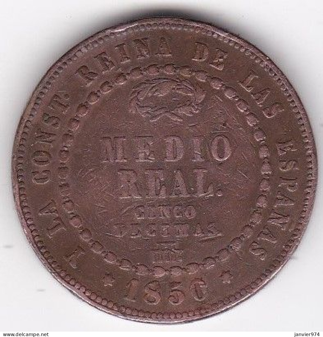 Espagne, Medio Real 1850 Aqueduc ,. Isabel II, En Cuivre, KM# 591 - Primeras Acuñaciones