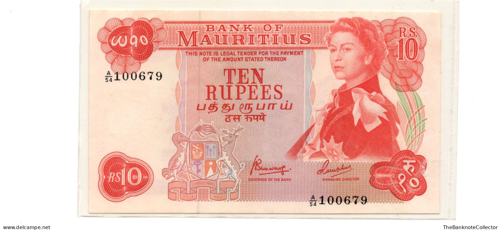 Mauritius 10 Rupees ND 1967 QEII P-31 UNC Foxing - Mauricio