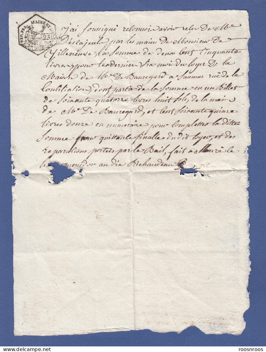 PAPIER TIMBRE MAINE ET LOIRE - QUITTANCE  DE LOYER  - 1802 - DE BEAUREGARD - DE VILLENEUVE - Lettres & Documents