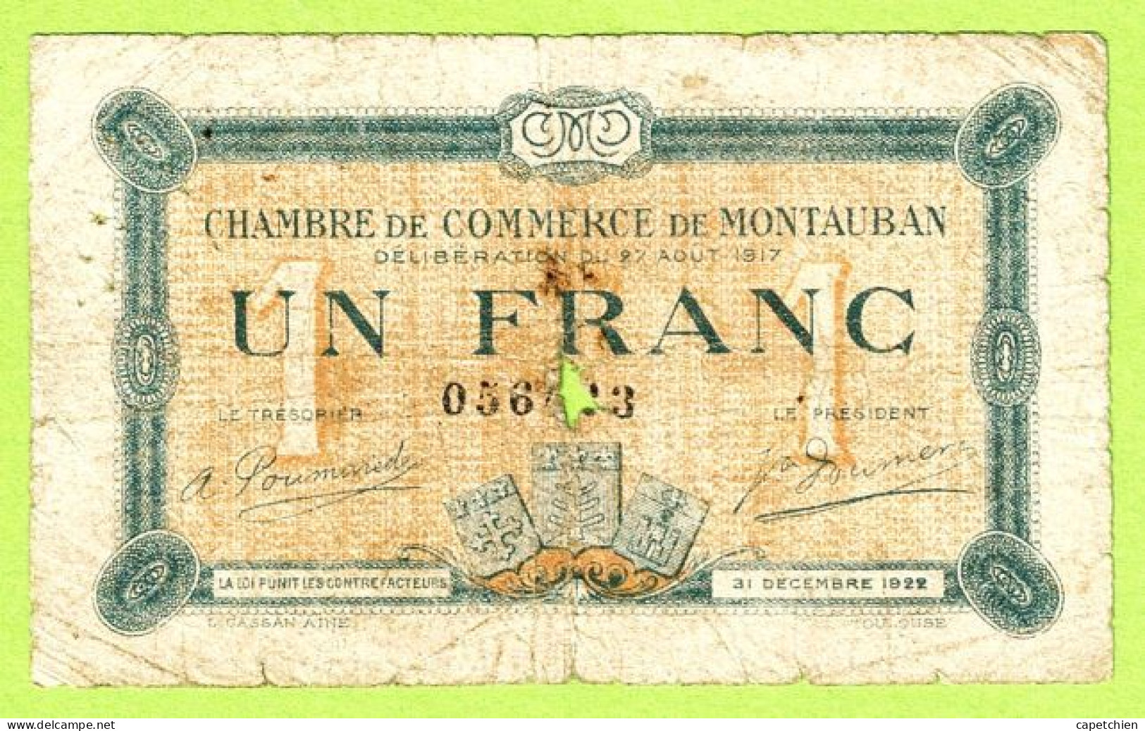 FRANCE / CHAMBRE De COMMERCE / MONTAUBAN / 1 FRANC / 27 AOUT 1917 - Chambre De Commerce