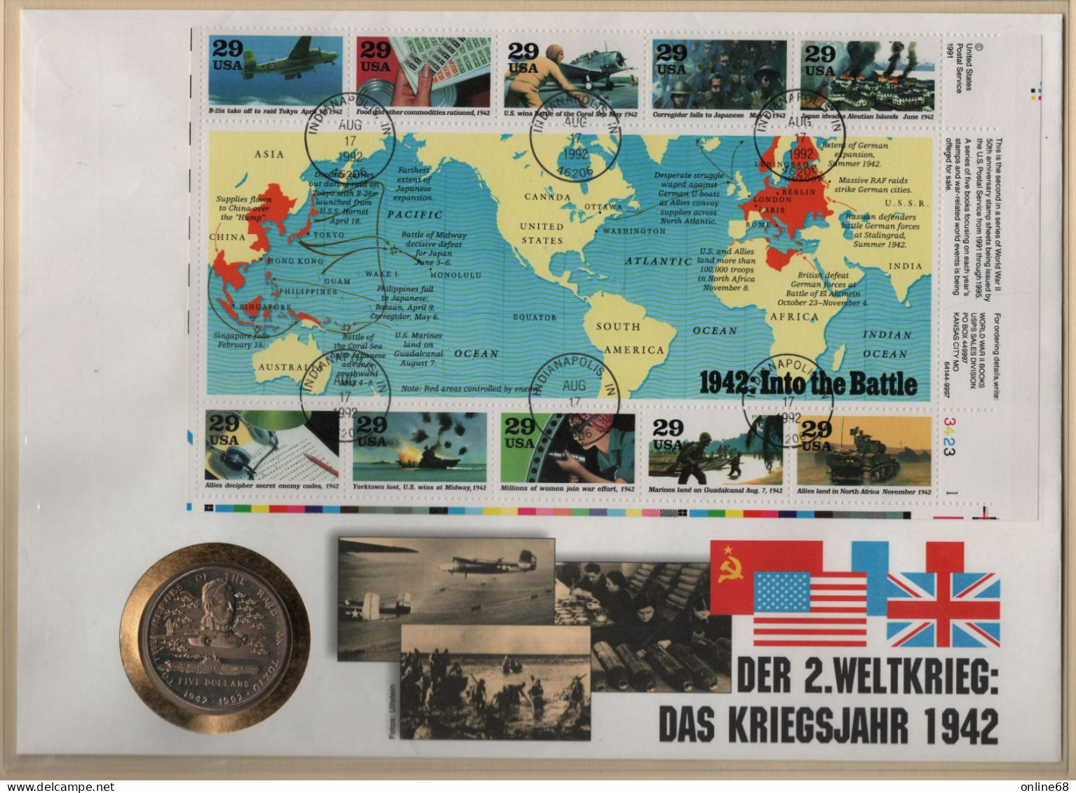 MARSHALL ISLANDS NUMISLETTER  5 DOLLARS 1942-1992 First Air Raid On Tokyo - Doolittle KM# 84 - Marshallinseln