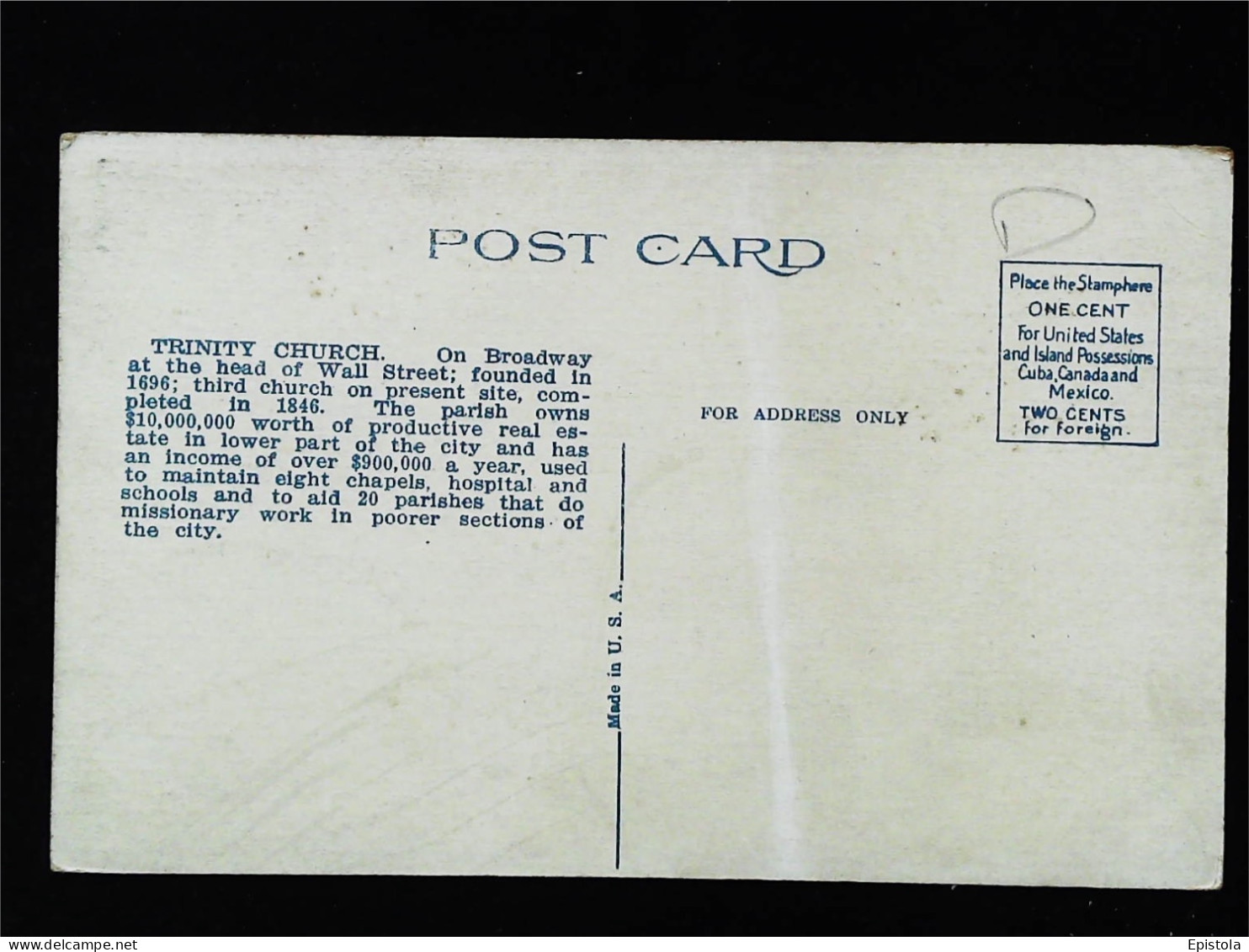 ►  TRINITY  CHURCH    Vintage Card 1920s   - NEW YORK CITY - Kirchen