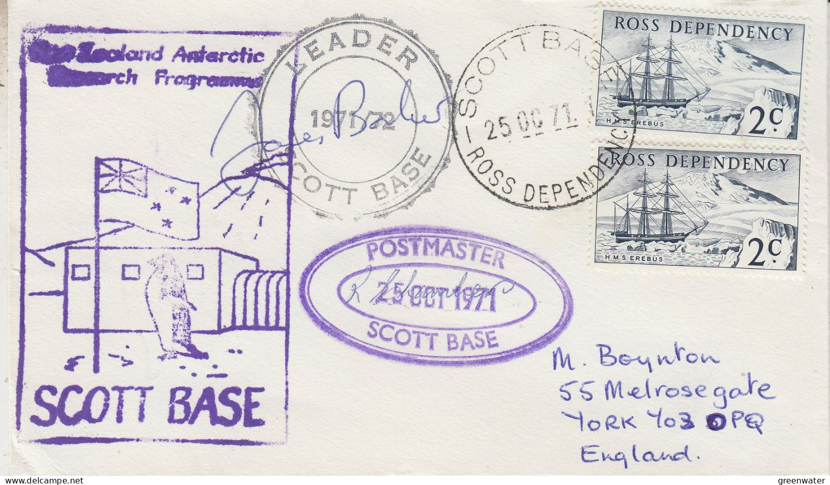 Ross Dependency 1971 Signature Leader & Postmaster Scott Base Ca Scott Base 25 OCT 1971 (SO210) - Cartas & Documentos