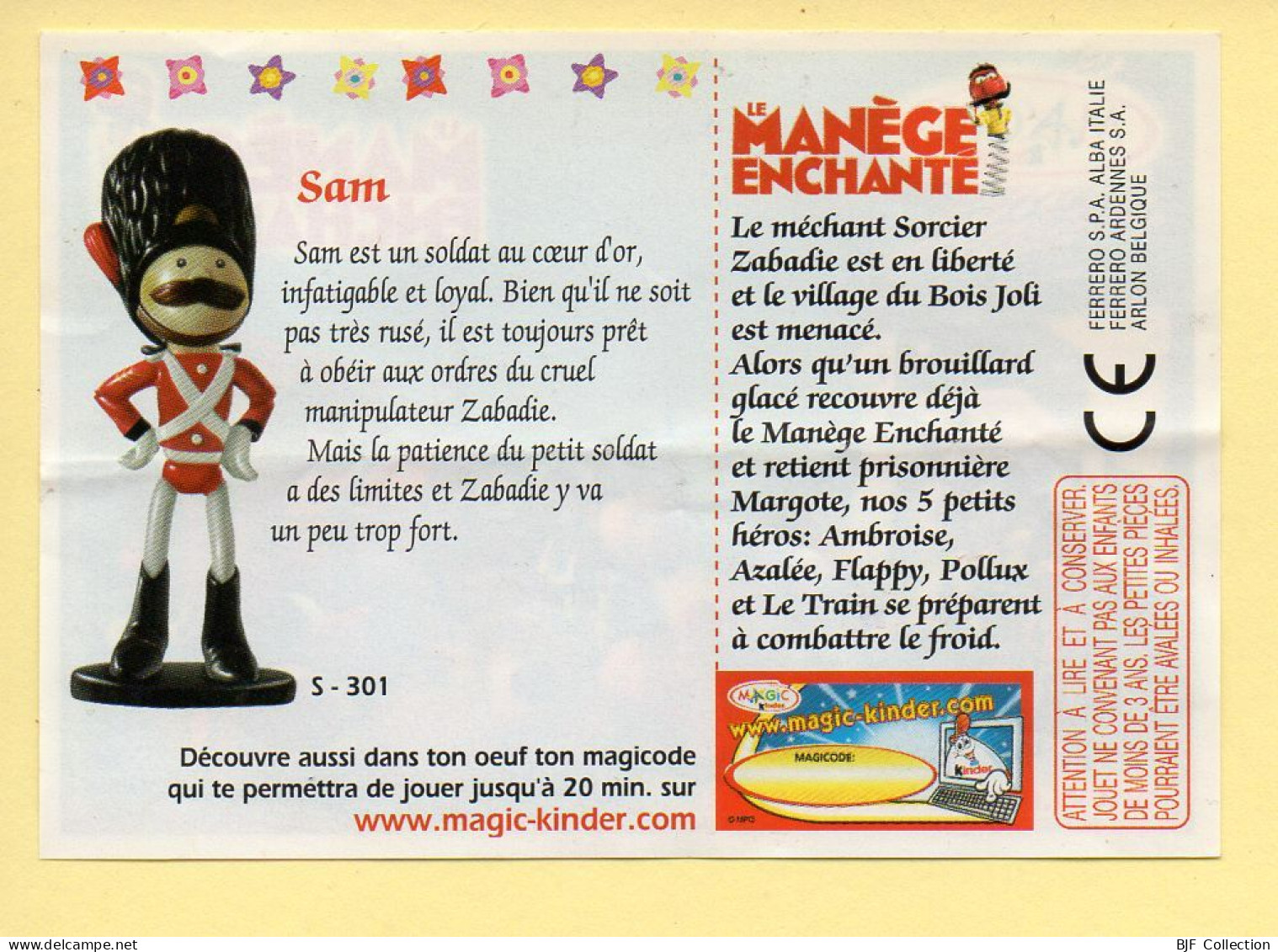 Kinder : BPZ N° S - 301 : Sam / Série Le Manège Enchanté - Notices