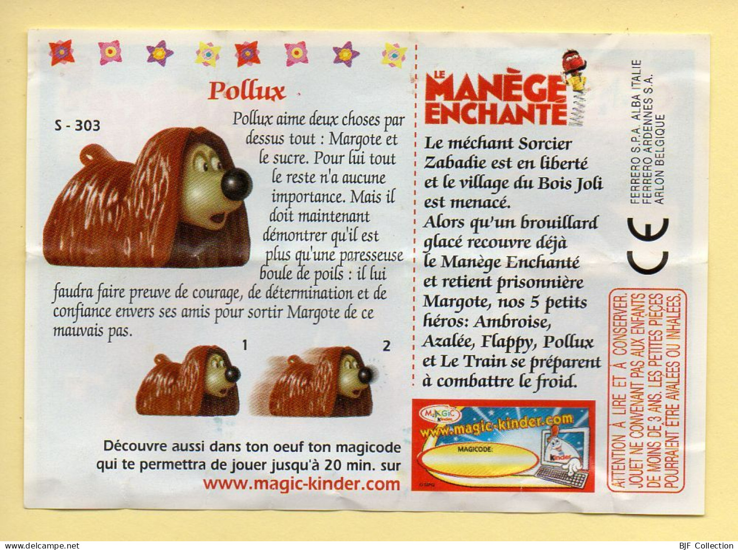 Kinder : BPZ N° S - 303 : Pollux / Série Le Manège Enchanté - Notices