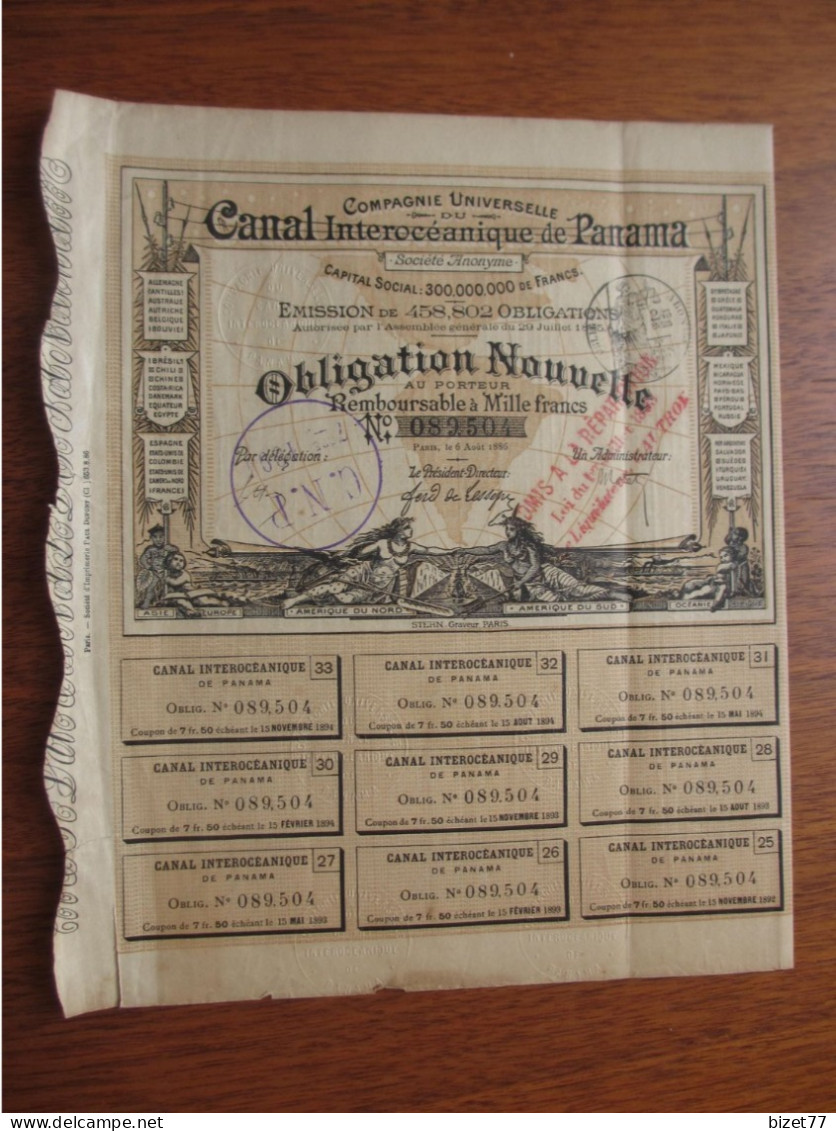 PANAMA - CANAL INTEROCEANIQUE DE PANAMA - OBLIGATION NOUVELLE DE 1 000 FRS - PARIS 1886 - Autres & Non Classés