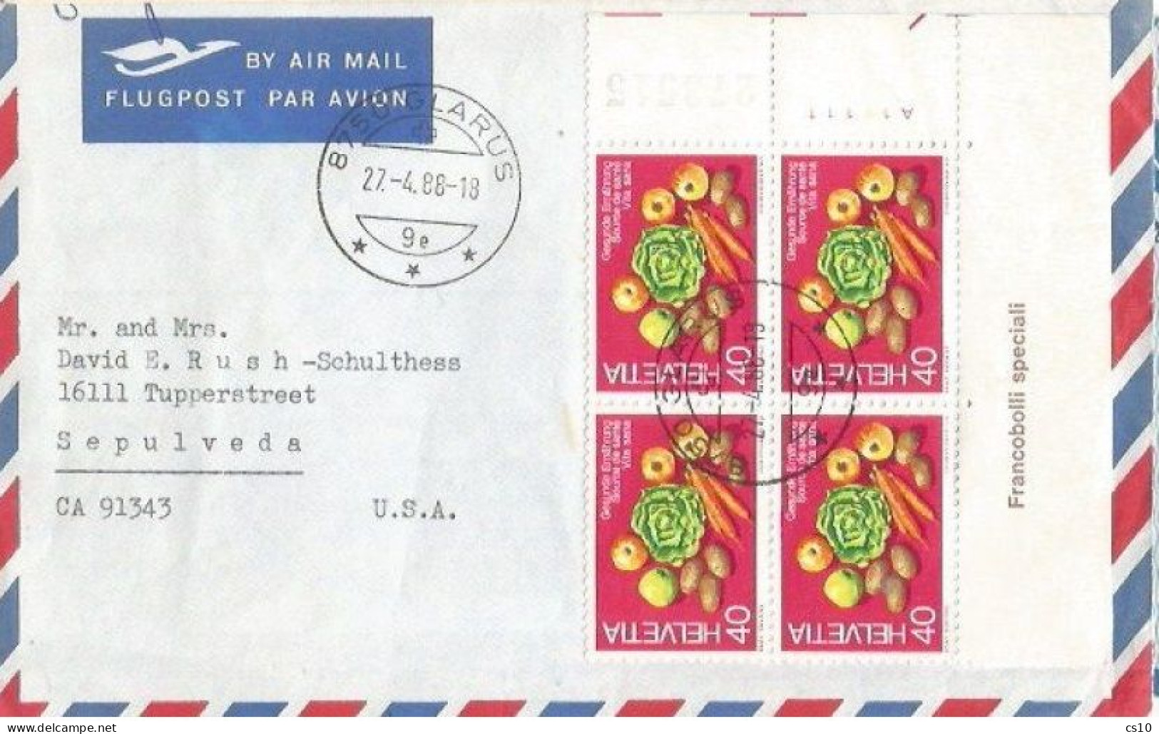 Suisse Airmail Cover Glarus 27apr1988 To USA With Food Propaganda 1976 C.40 In Block4 + Sheet Corner - Lettres & Documents