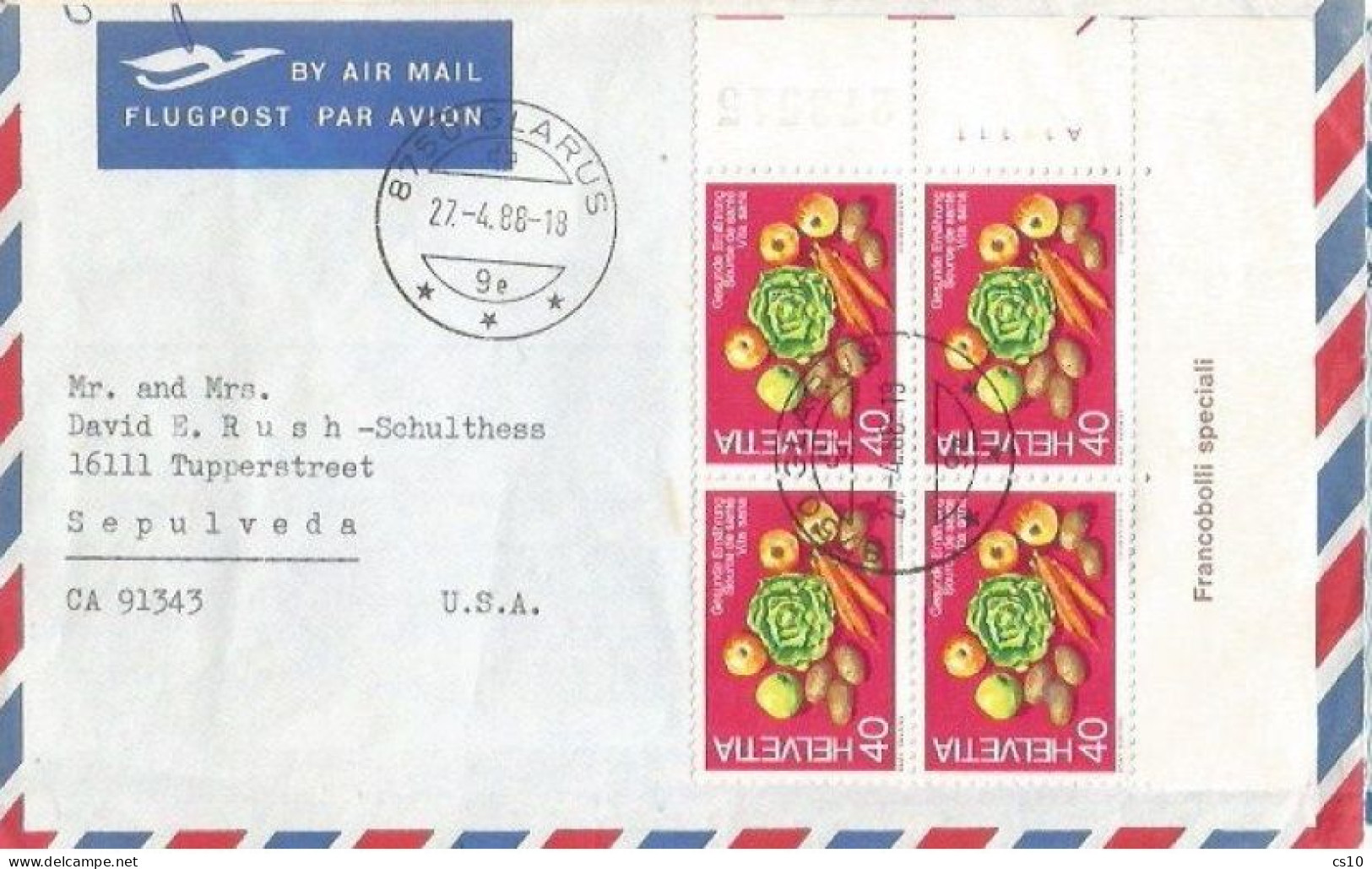 Suisse Airmail Cover Glarus 27apr1988 To USA With Food Propaganda 1976 C.40 In Block4 + Sheet Corner - Marcophilie