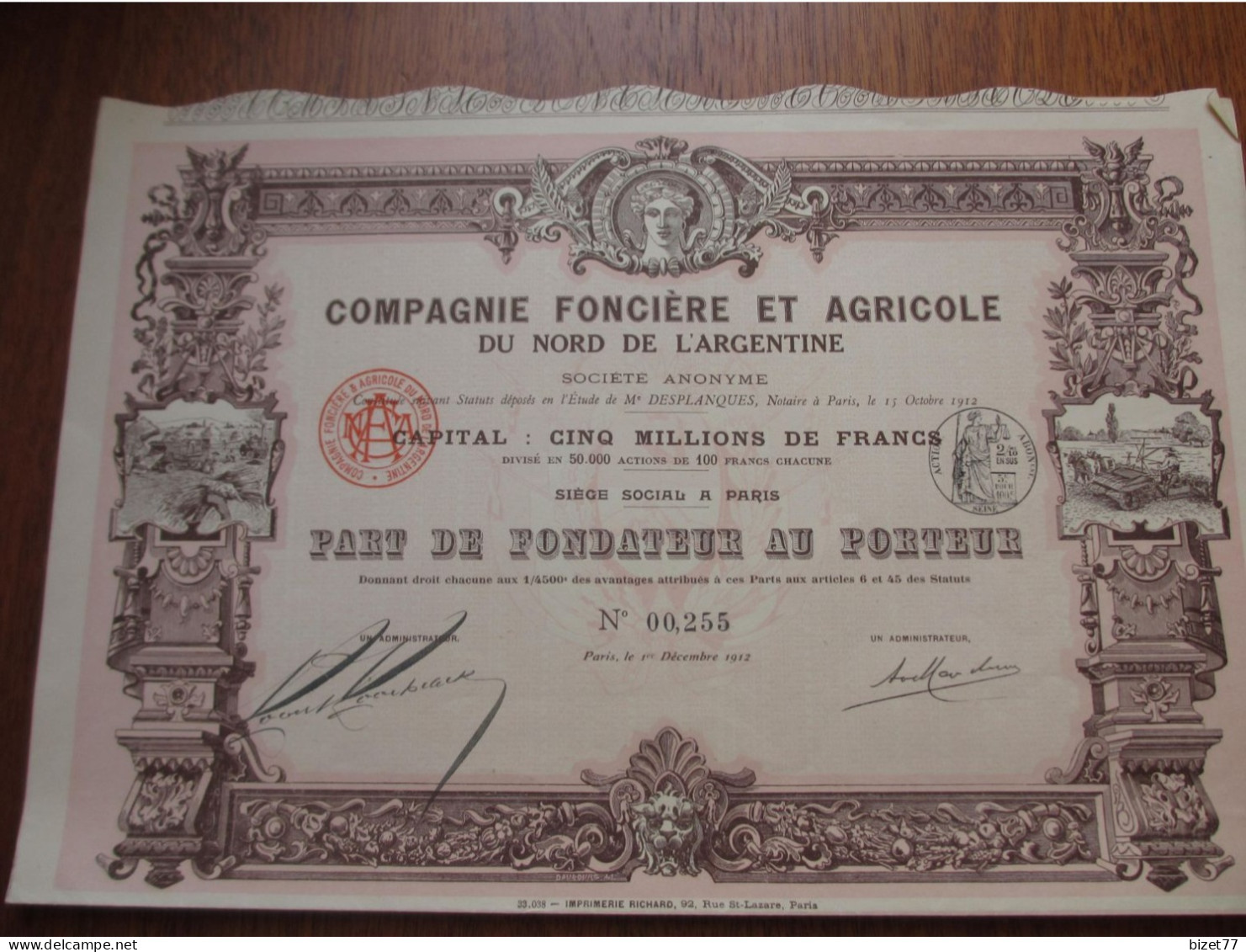 ARGENTINE - Cie FONCIERE & AGRICOLE DU NORD DE L'ARGENTINE - PART DE FONDATEUR - PARIS 1912 - IMPRIMERIE RICHARD - Autres & Non Classés