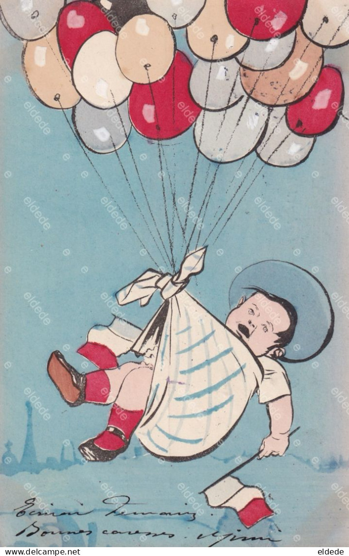 Petit Garçon Envol En Ballons . Peinte Main Avant 1903  France Drapeau Tour Eiffel - Montgolfières