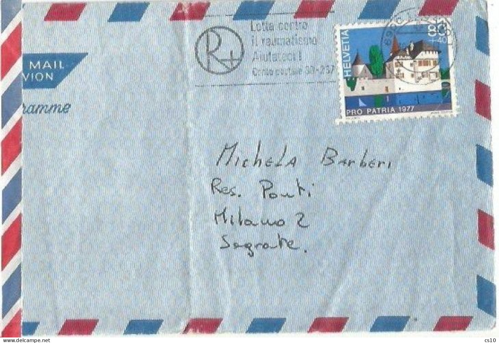 Suisse Airmail Cover Lugano 30aug1978 To Italy With ProPatria 1977 C.80+40 Solo Franking - Covers & Documents