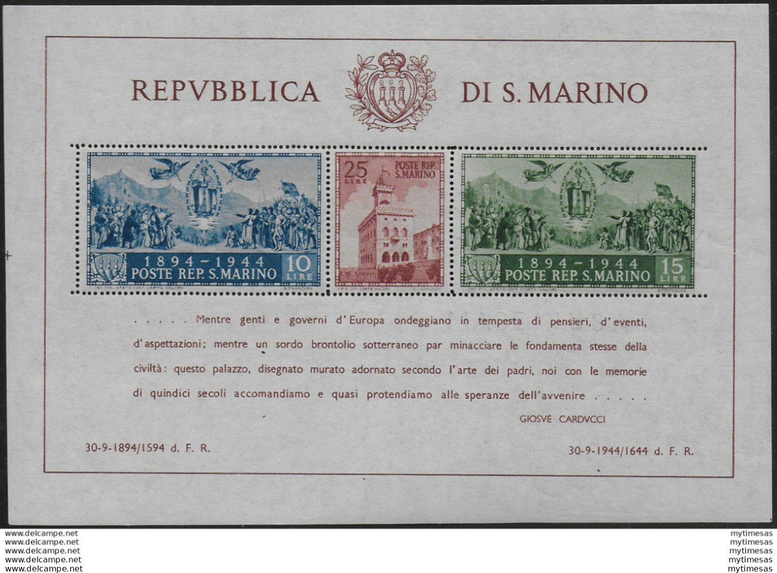 1945 San Marino Carducci MS Variety MNH Sassone N. 6c - Otros & Sin Clasificación