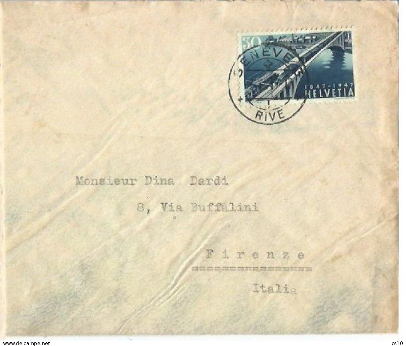 Suisse Cover Geneve 3nov1947 To Italy With Railways C.30 Solo Franking - Marcophilie
