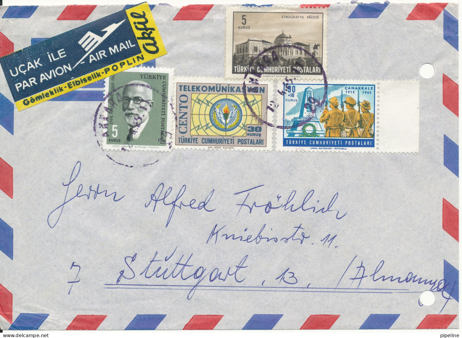 Turkey Air Mail Cover Sent To Germany Ankara 12-4-1965 Topic Stamps (archive Holes On The Cover) - Airmail